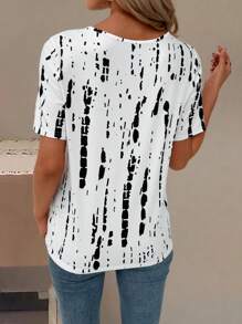 Zayélia Áo thun nữ tay ngắn cổ chữ V họa tiết chấm bi bất đối xứng, thanh lịch, thường ngày, dáng rộng, mùa hè - trắng - Xem 2