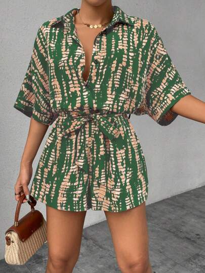 SHEIN Tall Women's Tie-Dye Printed Batwing Sleeve Lapel Wide Leg Jumpsuit