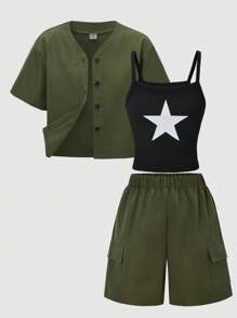 WESTFADE Young Tween Girl's 3 Pieces Set: Short Collar Baseball Jacket, Star Printed Cami Top, Utility Cargo Shorts, Casual Outfit
