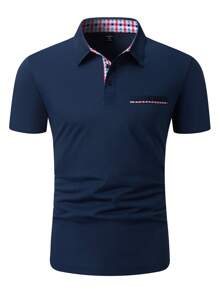 Manfinity Homme 大码男士休闲格子拼布 Polo 衫，夏季男士 Polo 衫，男士棉质 Polo 衫，适合情侣穿着，是送给男朋友或丈夫的绝佳礼物。 - 藍色 - 查看 4