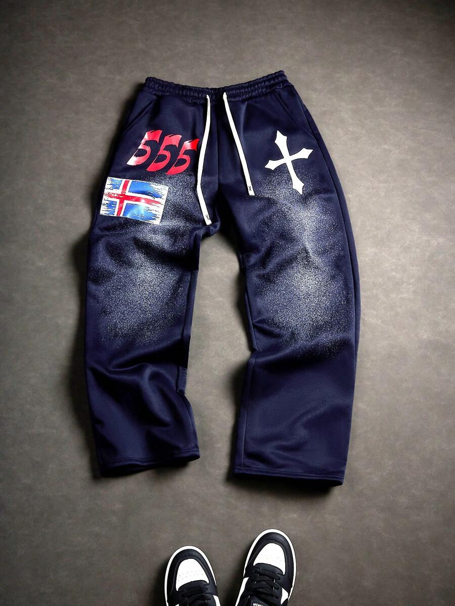 Manfinity EMRG 男士街头风格基督教十字架和冰岛国旗印花海军蓝运动裤 - 藏蓝色 - 查看 1