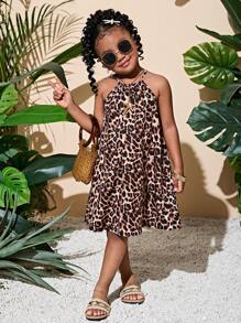 SHEIN Young Girl Woven Leopard Print Snug Fit Casual Sleeveless Dress - Coffee Brown - View 3