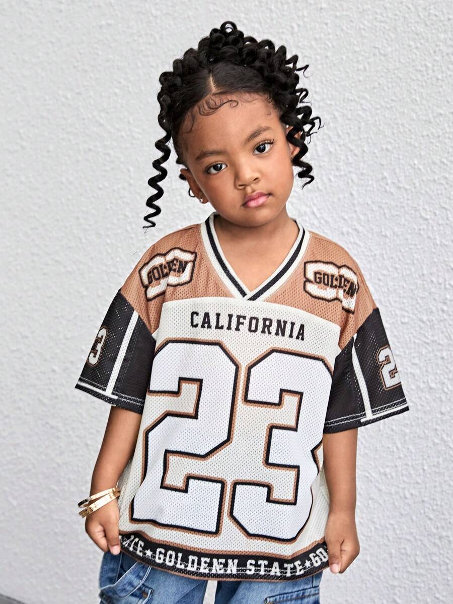 Camiseta casual de niña con cuello en V y estampado de números de punto