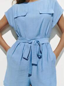 Lumivelle 女士亚麻混纺蝴蝶结裹身阔腿连体裤 - 藍色 - 查看 7