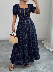 Elenzga 加大码编织碎花随意剪裁优雅连衣裙，立领泡泡袖，腰部荷叶边下摆，A 字长裙，百搭花园派对，外向，独特设计，超值