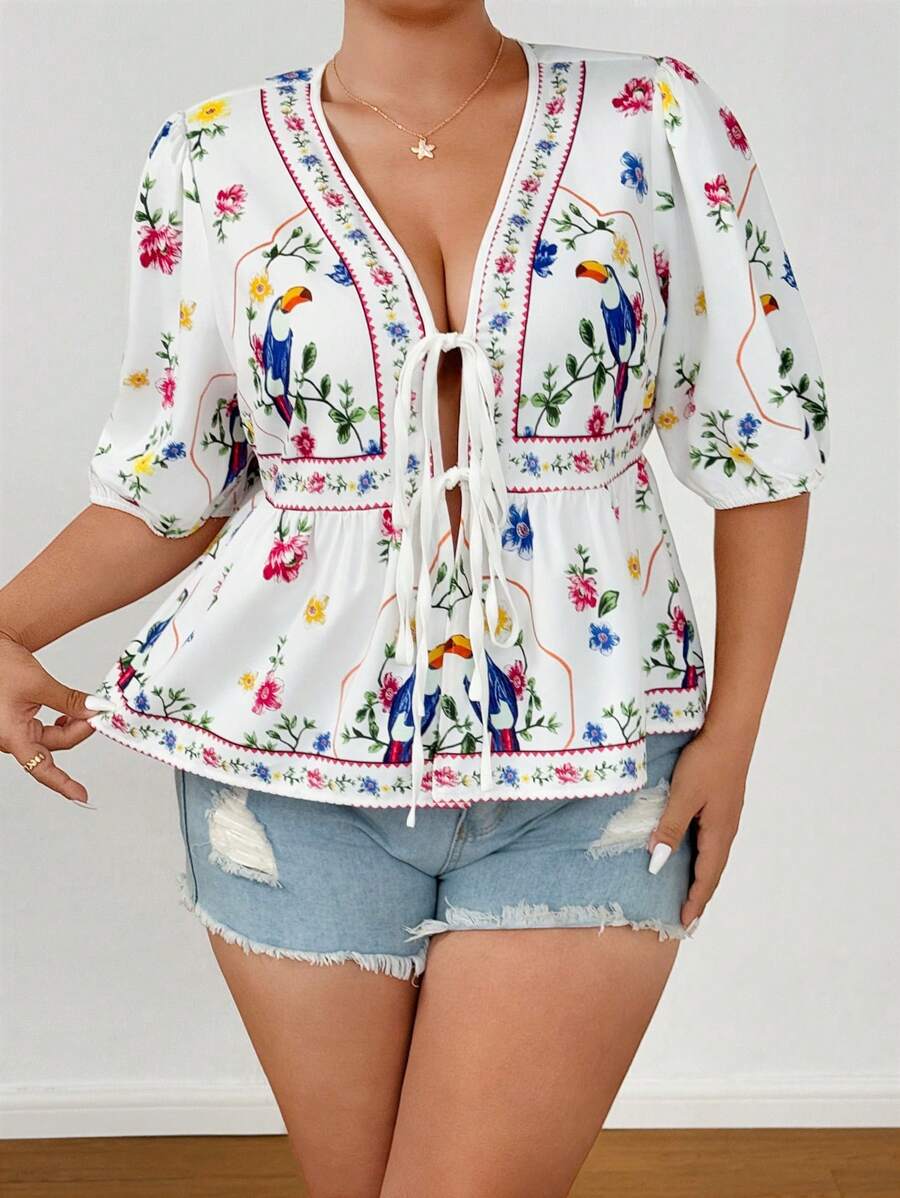 Flirla Blusa de manga farol con estampado de flores para tallas grandes de verano