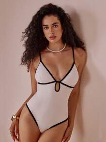 Swim Oasis 2pcs Solid Color Contrast Trim One Piece Swimsuit & Mesh Floral Decor High-End Fashion Swimsuit Set For Women, Summer Beach - Black and White - View 6