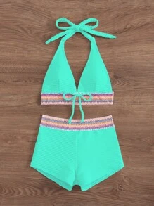 SHEIN Swim 2 chiếc/bộ mới xuân/hè màu xanh lá cây buộc dây xoắn hở lưng crop top và quần short, đồ bơi bikini dự tiệc bãi biển giản dị cho nữ - Màu xanh Bạc hà - Xem 5