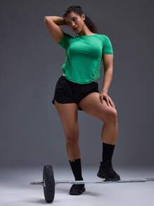 Powerista 纯色短袖运动T恤，夏季时尚健身女式衬衫 - 綠色 - 查看 5