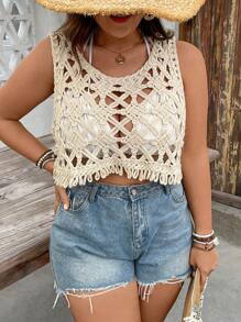 SHEIN VCAY Top de punto casual sólido de talla grande con abertura, top con hombros descubiertos, top lindo, top de ganchillo, top de malla, top transparente de color amarillo mantequilla, conjunto para el 4 de julio, conjunto para vacaciones en una isla, conjunto para luna de miel, conjunto para vacaciones de mujer, ropa de mujer de estilo occidental bohemio, conjunto para festival, conjunto para graduación de verano, conjunto para vacaciones en la playa, ropa de mujer de estilo occidental de talla grande