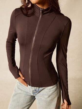 Easelle Women's Casual Yoga Sport Jacket With Brown Line Split Design, Regular Fit, Spring/Summer In Fall/Winter