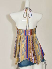 Attitoon 复古风格黄蓝对比条纹图案休闲度假性感可爱 Y2K Coconutgirl 波西米亚音乐节简约女式背心，适合夏季 - 彩色 - 查看 2