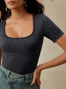 Anewsta 女士方领针织纯色水洗T恤无缝紧身衣 - 灰色 - 查看 1