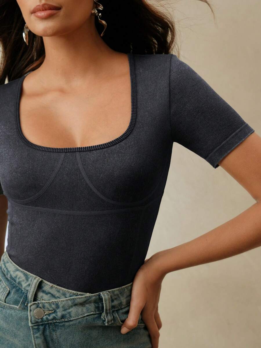 Anewsta 女士方领针织纯色水洗T恤无缝紧身衣 - 灰色 - 查看 1