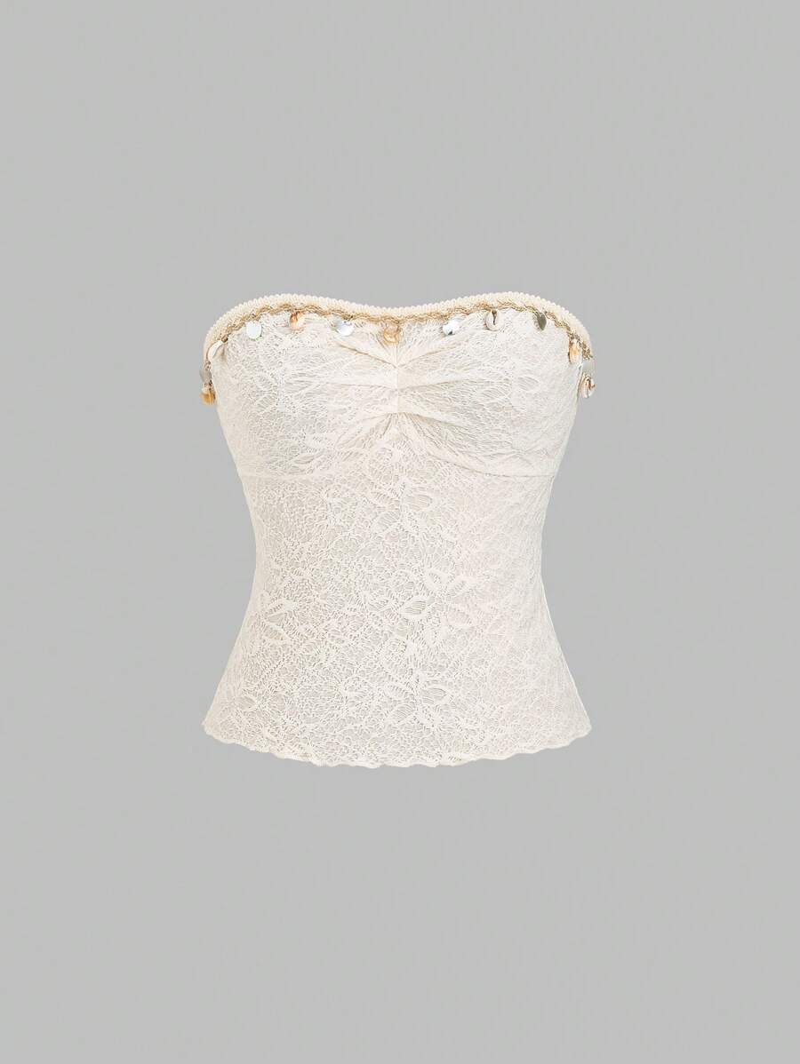 Sweetra 女士时尚抹胸短款上衣，度假风格 - 杏色 - 查看 1