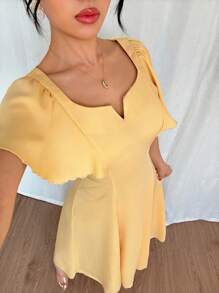 Selianne 优雅休闲紧身连衣裙，法式船领，短袖，奶油黄色，适合工作穿着，春夏季 - 黃色 - 查看 4