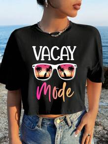 SHEIN VCAY 休闲宽松圆领短袖 T 恤上衣，带有椰子树和太阳镜图案，棉混纺，适合夏季度假 - “Vacay Vibes Getaway” - 黑色 - 查看 6