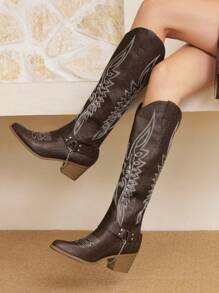 Styleloop Women's Chain Buckle Western Embroidered Leather Above Knee Boots, New For Spring & Autumn - Coffee Brown - View 1