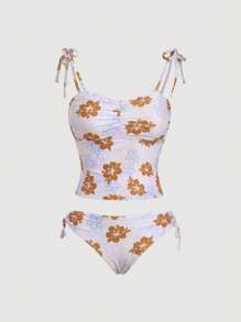 SHEIN MOD 2pcs Floral Print Swimsuit Set With Shoulder Strap, Ruched Front Bottoms And Side Drawstring Tie - Khaki - View 1