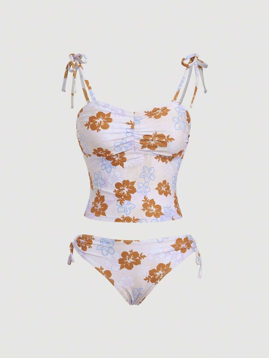 SHEIN MOD 2pcs Floral Print Swimsuit Set With Shoulder Strap, Ruched Front Bottoms And Side Drawstring Tie - Khaki - View 1