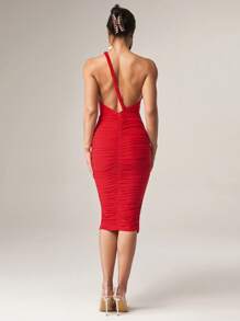 Silquee 女士性感纯色镂空单肩露背褶饰修身中长连衣裙，夏季 - 紅色 - 查看 6