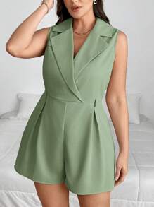 SHEIN Privé 大码女式绿色翻领短款阔腿连体裤，秋季开学新品 - 綠色 - 查看 3
