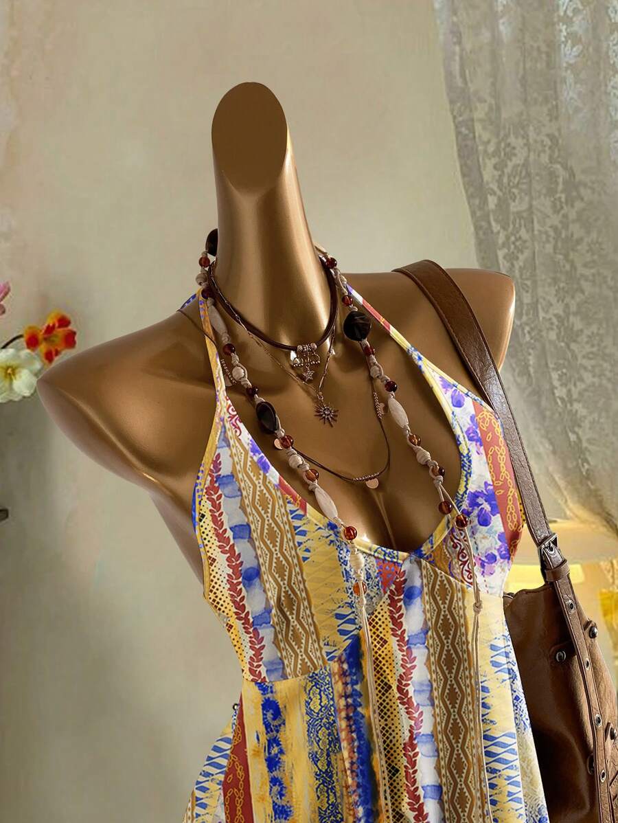 Attitoon 复古风格黄蓝对比条纹图案休闲度假性感可爱 Y2K Coconutgirl 波西米亚音乐节简约女式背心，适合夏季 - 彩色 - 查看 1