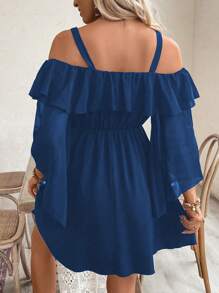 Chiquease 女士优雅休闲露肩袖夏季连衣裙度假沙滩装 - 寶藍色 - 查看 2