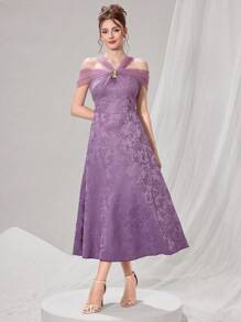 Poshira Women's Elegant Mesh Patchwork Jacquard Cold Shoulder Halter Formal Party Dress, Prom Dress