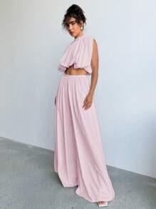 Aloruh Pleated Loose Elastic Waist Wide Leg Pants, Fashionable For Summer - Baby Pink - View 6