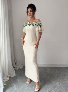 Modelyn 1 件女式露肩花卉刺绣网眼拼布连衣裙