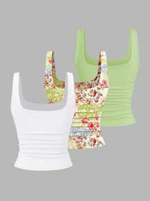 Sweetra 女士休闲方领荷叶边吊带背心，夏季 - 彩色 - 查看 2