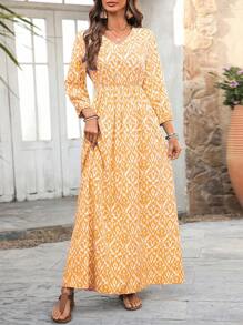 EMERY ROSE Đầm tay đèn lồng họa tiết hình học thanh lịch cho nữ đi nghỉ - Màu vàng - Xem 3