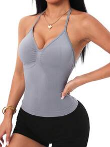 SHEIN Sports 女式纯色褶饰挂脖日常健身运动背心 - 灰色 - 查看 6