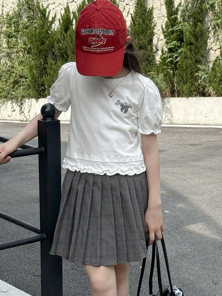 2pcs Tween Girls Crew Neck Knitted Printed Ruffle Sleeve T-Shirt + Pleated Skirt Set, Summer