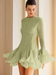 BELROSIE French Luxe High-End Elegant Lady Design With Flounced Hem & Bell Sleeves, Textured Fabric Women Short Dress Fall Cloth For Women - Green - View 3