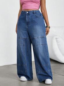 SHEIN EZwear Plus Size Blue Straight-Leg Casual Denim Jeans,Blue,Suitable For Parties, Holidays, Dates, Valentine's Day, Afternoon Tea, Summer / Summer Outfits / Summer Clothes,Year-Round,For Spring/Summer Holiday,Suitable For Summer,Blue Summer,Vacation Outfits Woman,Easter,Spring,Western,Office Outfits For Women,Rave Outfits,Baby Shower Dress,Cottagecore,Country Outfits Women, Chic,Dresses For Women Elegant,Beach Dress,Graduation Dress,Vacation Dress,Easter Dress,Sundress - Blue - View 1