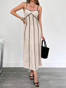 Siren Gaze 夏季新款女士撞色条纹A字吊带连衣裙 - 杏色 - 查看 4