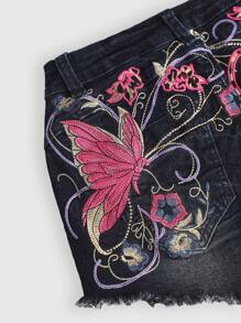 ROMWE Fairycore Y2K Diva Tight Fit Butterfly Embroidery Sexy Distressed Washed Low Waist Denim Shorts - Blue - View 5