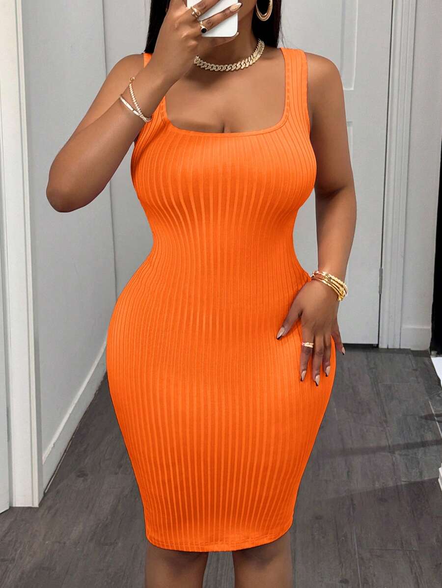 Slaydiva Women Solid Color Sleeveless Bodycon Dress, Casual - Orange - View 1