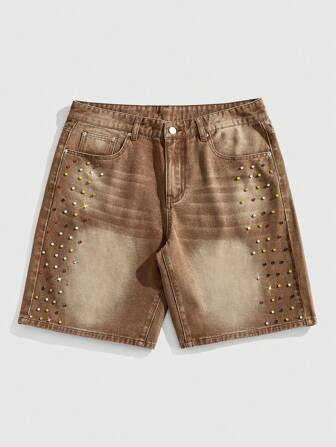 Street Life Men's Loose Diamond Decorated Denim Shorts Jorts