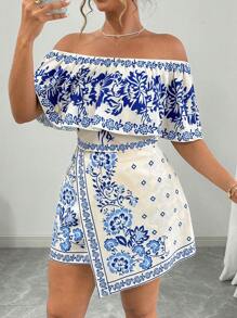 Elenzga Conjunto de 2 peças com Blusa Floral Estampada de Ombro Único e Saia Midi com Bainha Assimétrica para Mulheres Plus Size