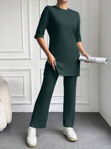 EURMUSE 100%Cotton Drop Shoulder Tee & Pants - Green - View 3
