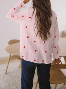 女士心形印花长袖休闲宽松纽扣衬衫 - 西瓜粉 - 查看 2