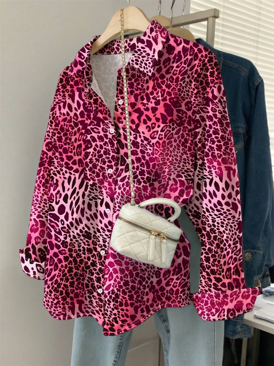 INAWLY 大码女式宽松长袖豹纹衬衫，适合夏季 - 玫紅色 - 查看 1