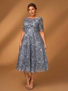 Serin Large Size Elegant Romantic Gorgeous Gray Blue Sequin Embroidery Round Neck Three-Quarter Sleeves A-Line Hem Medium Long Suitable For Dinner Bachelorette Party Date Dance Holiday Music Festival Wedding Event Evening Dress Bride Mother Dress Tea Party Dress