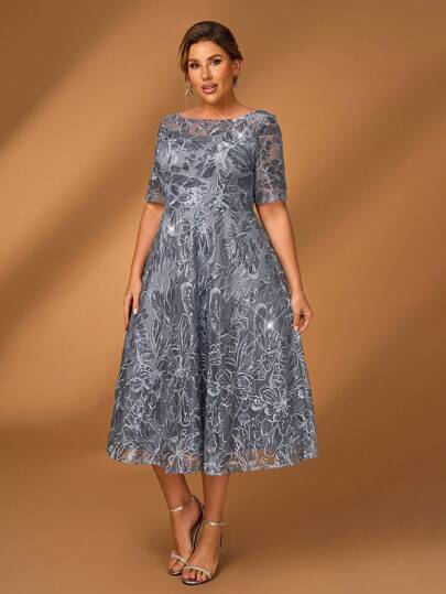 Serin 加大码优雅浪漫华丽灰蓝色亮片刺绣圆领七分袖 A 字下摆中长款适合晚餐单身派对约会舞蹈节日音乐节婚礼活动晚礼服新娘妈妈礼服茶会礼服