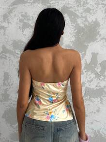 Glamine Áo Bandeau nhún bèo họa tiết hoa màu vàng dành cho nữ, trang phục thường ngày ngày lễ, áo crop top, áo ống, áo mùa hè - Màu vàng - Xem 2