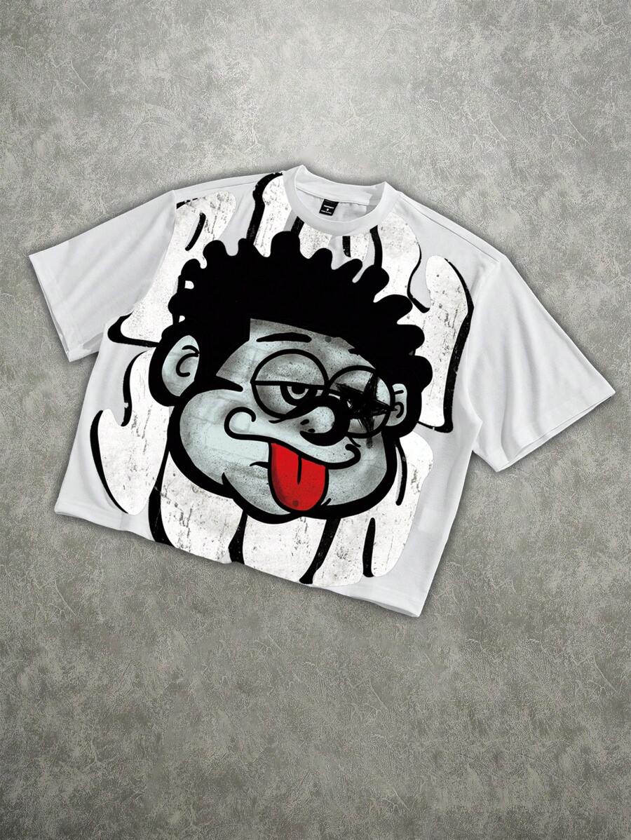Manfinity Roghcode Men's Oversized Full Print Short Sleeve T-Shirt, Fashionable Street Style, Suitable For Summer Men's Cropped Tops, Graphic Tees Men Crop, Rapper Graphic Tees, Oversized T Shirt Men Anime - White - View 1