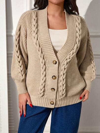 Women's Casual Cable-Knit Plus Size Cardigan, Fall, Winter, Dailywear